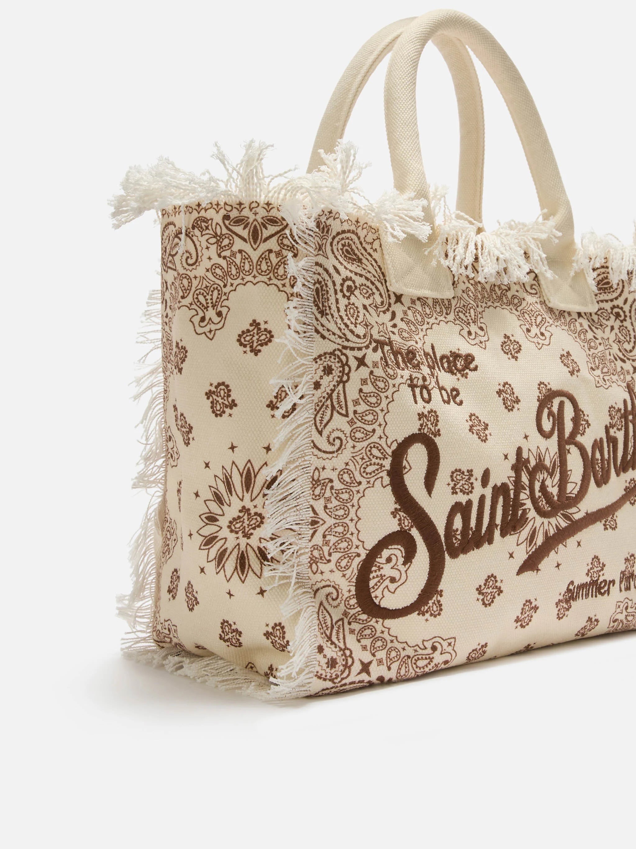 Borsa da mare in canvas beige bandana