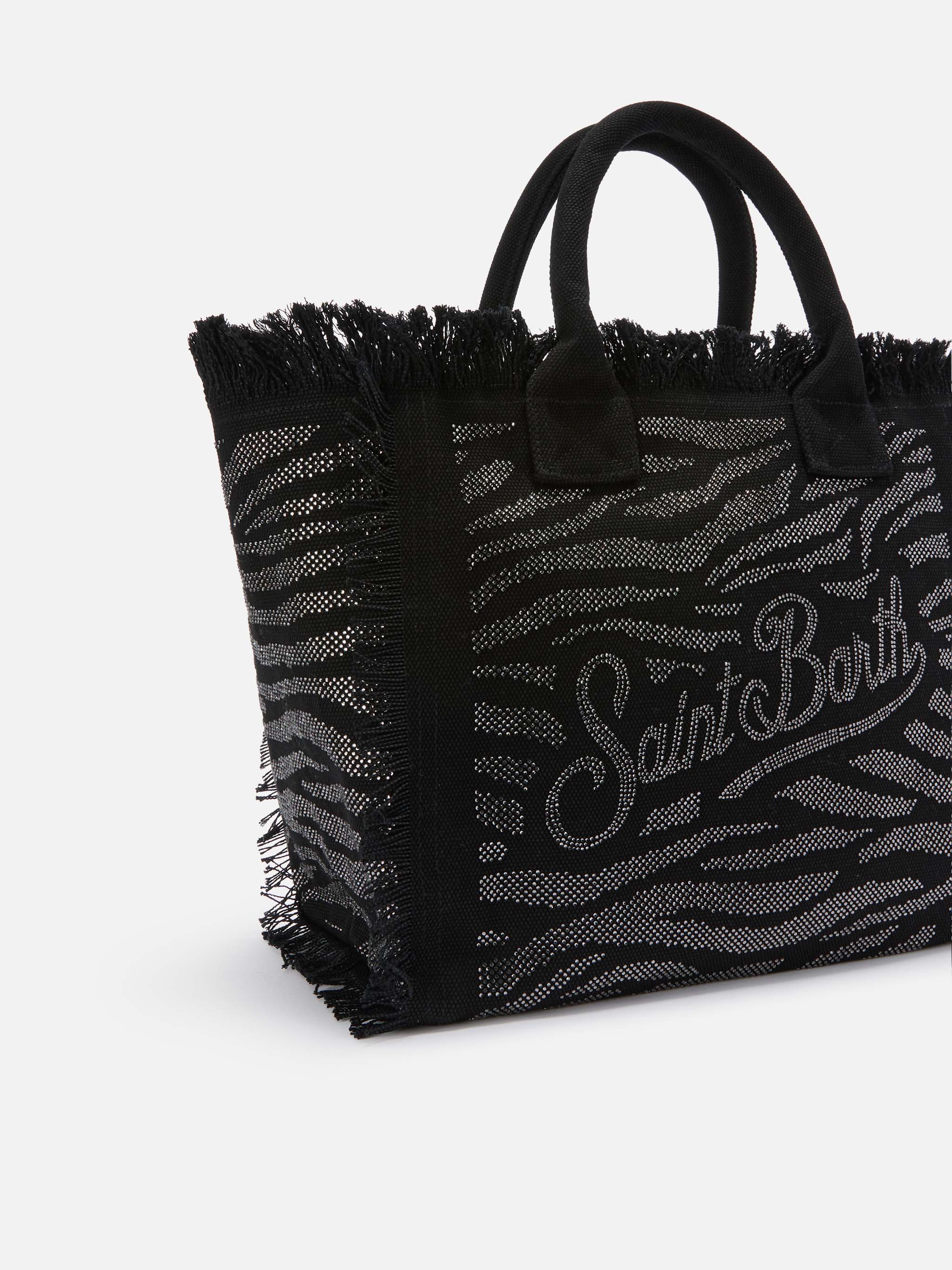 Borsa da mare in canvas nera strass