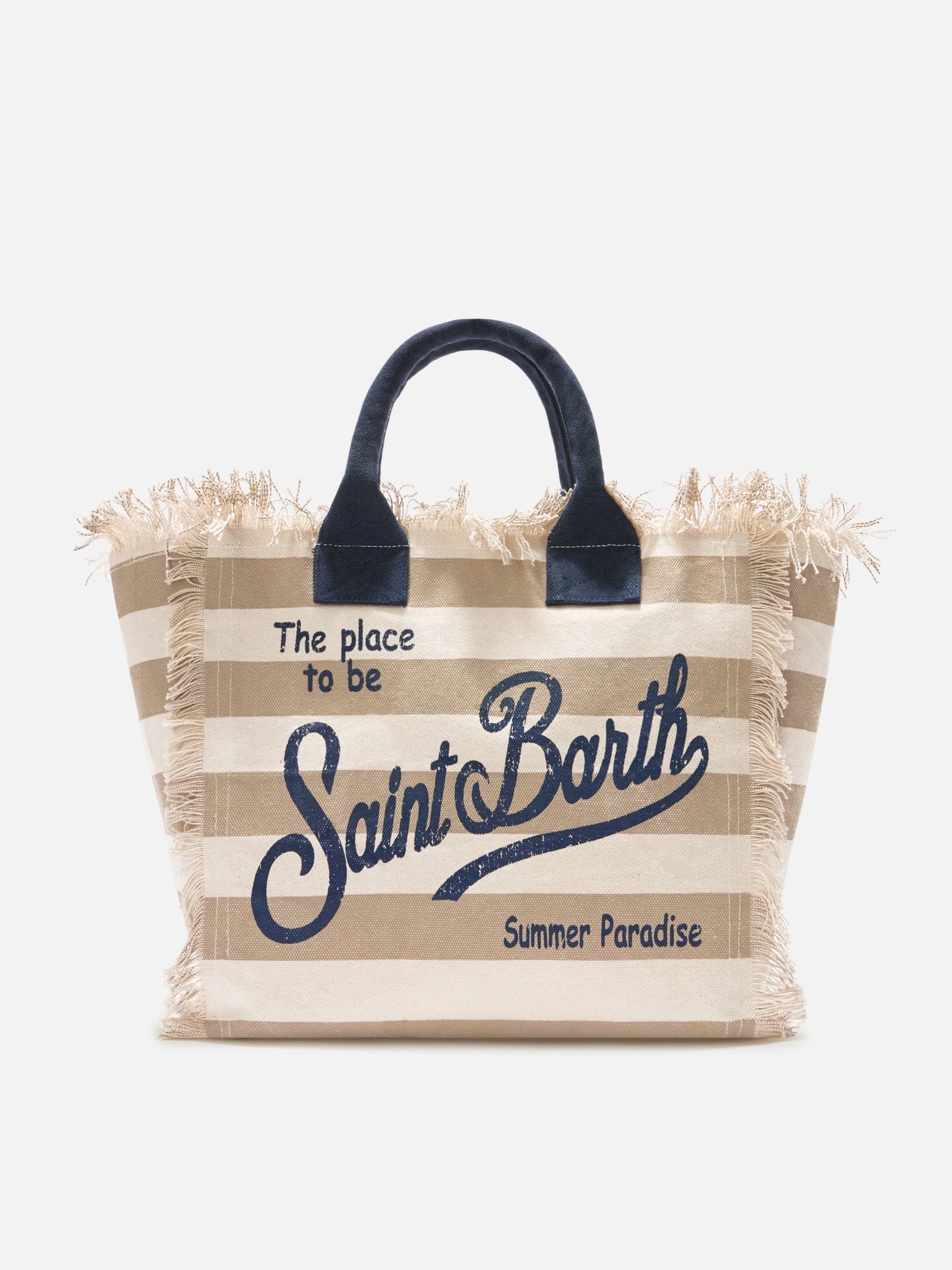 Borsa da mare in cotone beige a righe
