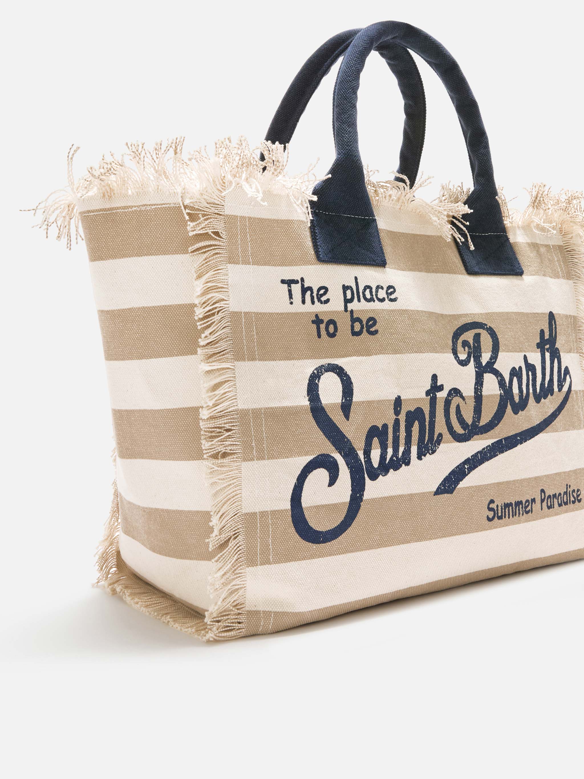 Borsa da mare in cotone beige a righe
