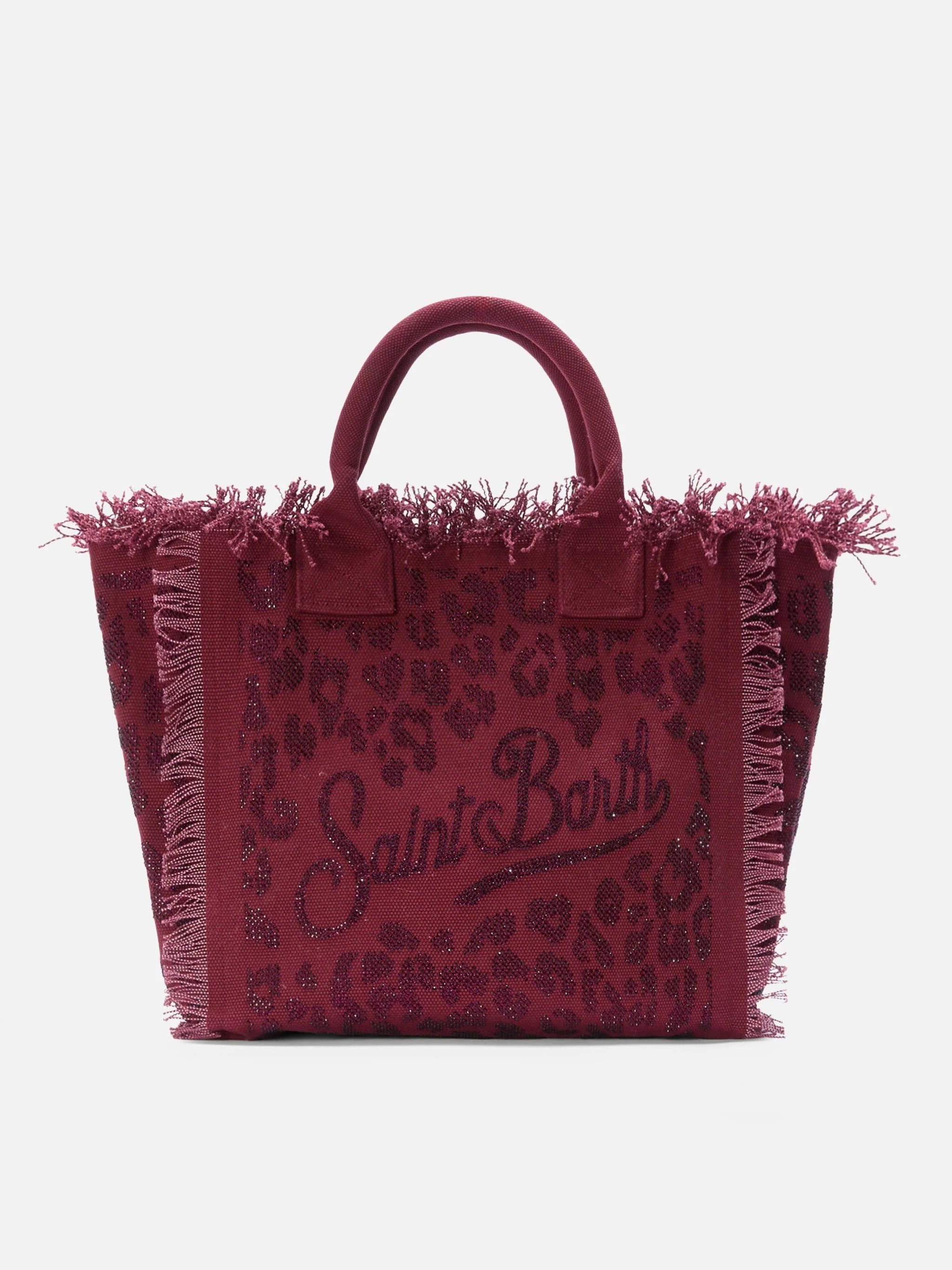 Borsa da mare in cotone leopardata con strass