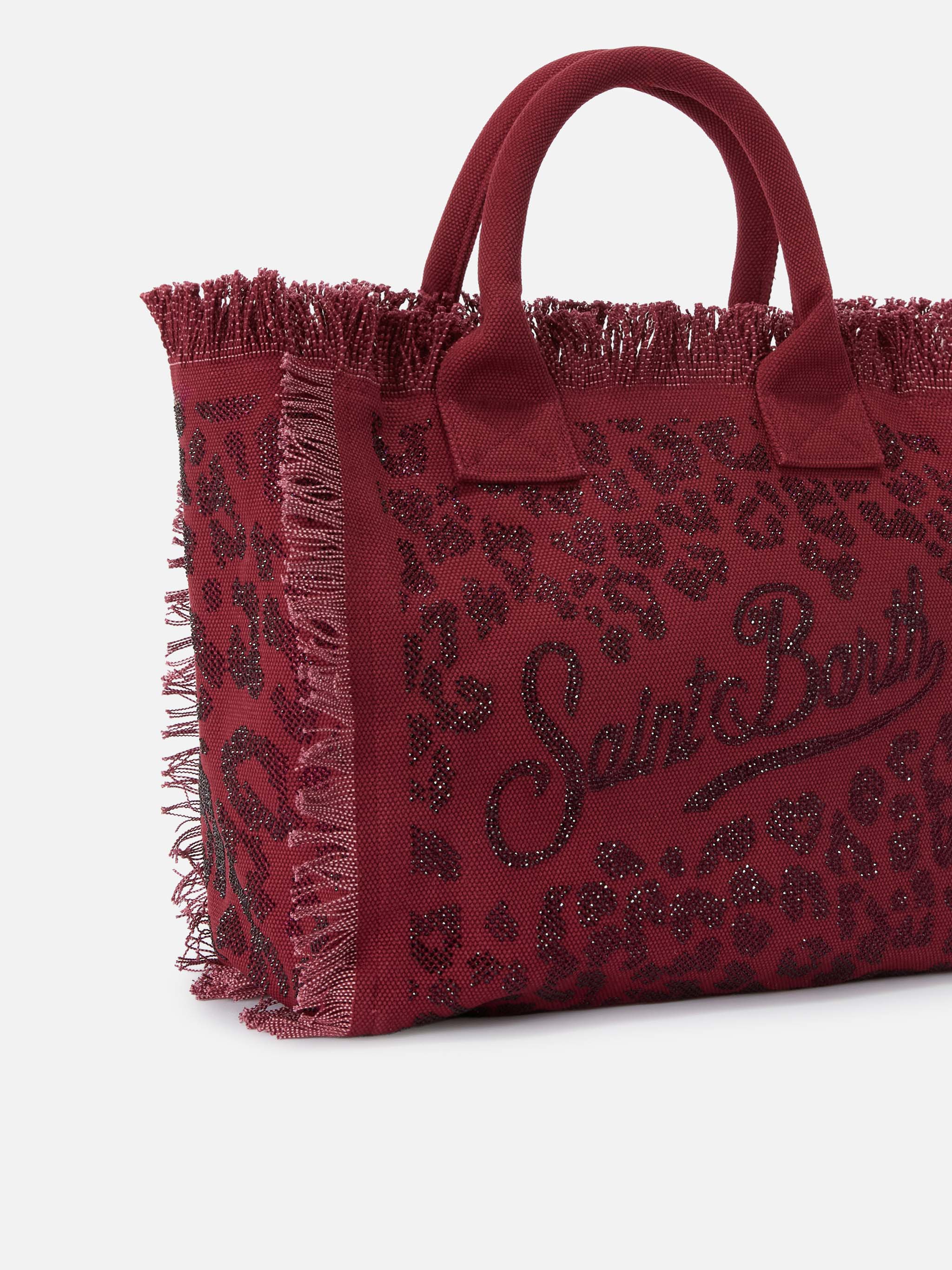 Borsa da mare in cotone leopardata con strass