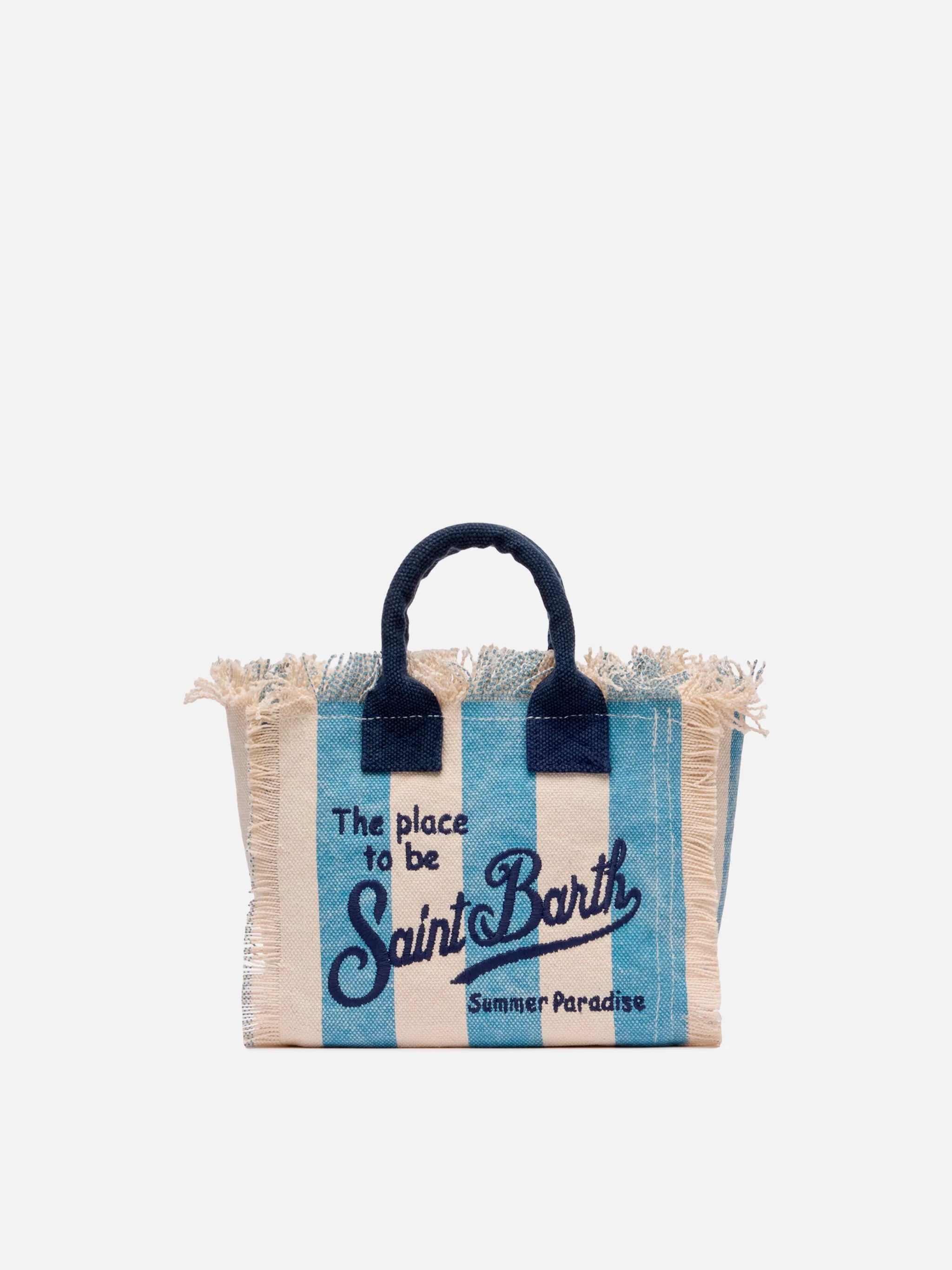 Borsa da mare mini in cotone blu a righe
