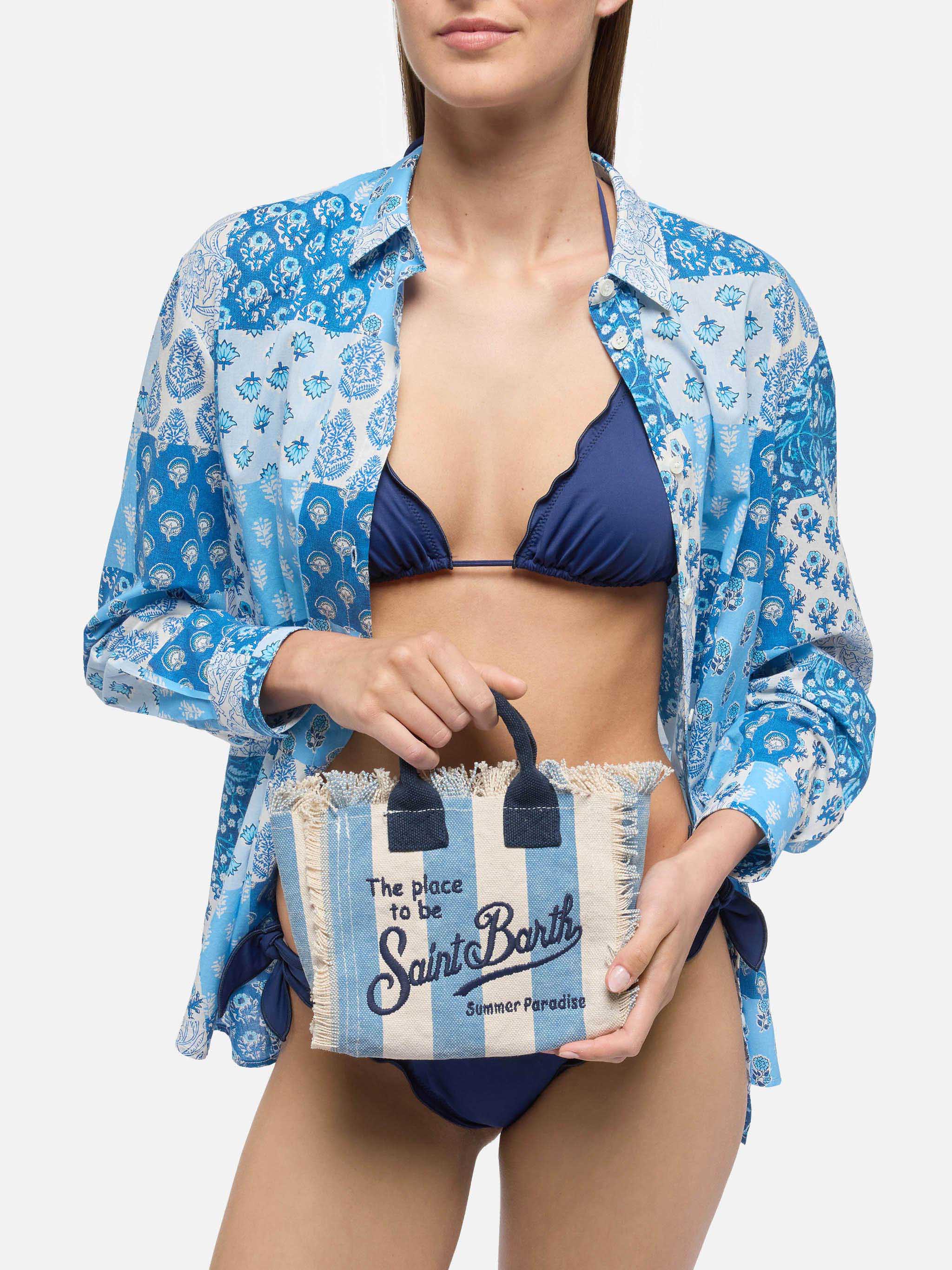 Borsa da mare mini in cotone blu a righe