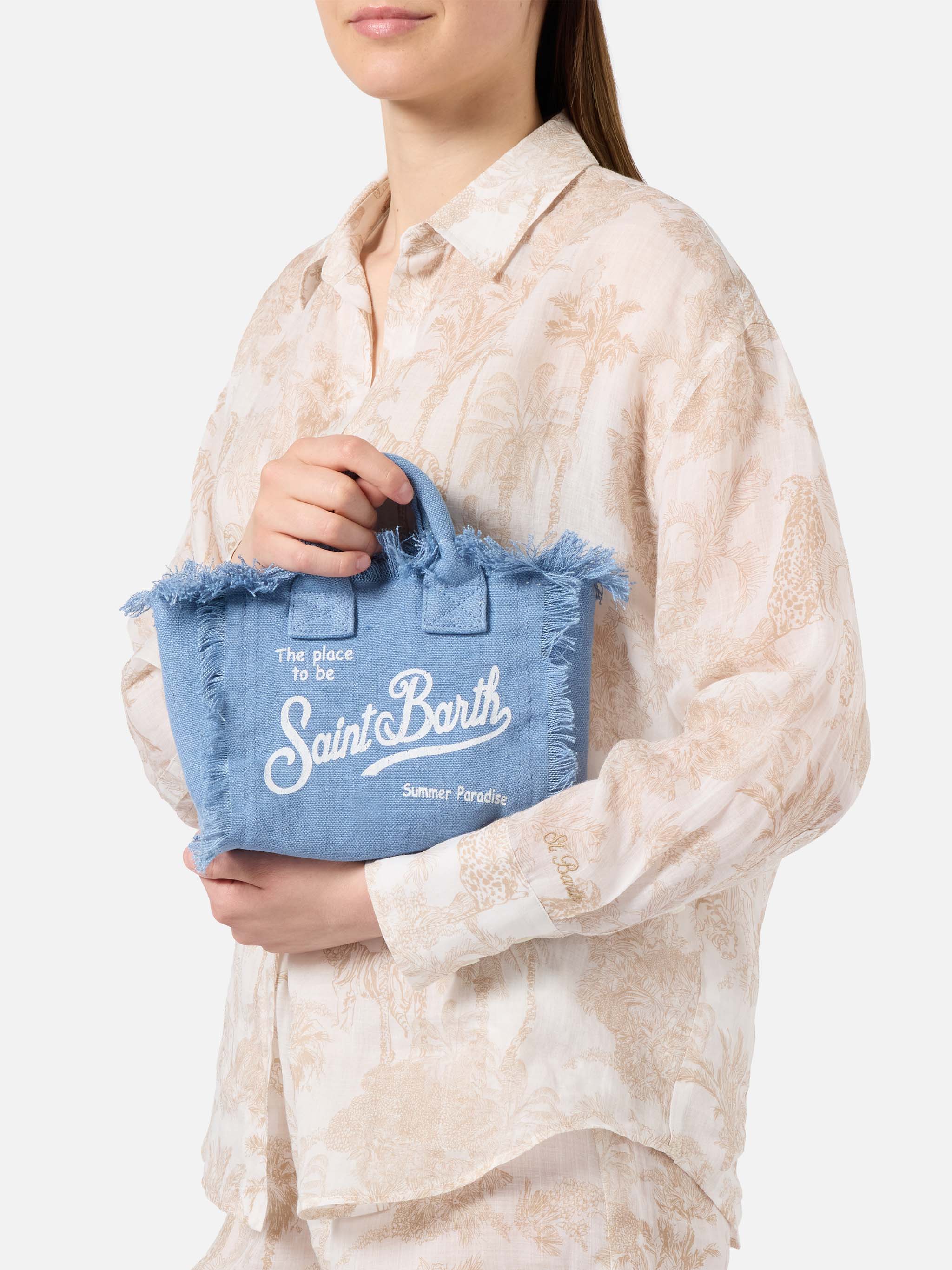 Borsa da mare mini in lino blu